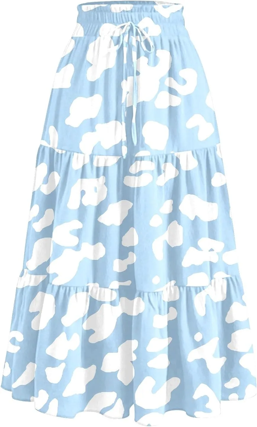 Midi Skirts for Women Elastic High Waisted Drawstring Tiered Skirt Floral Ruched Ruffle A Line Skirt with Pocket