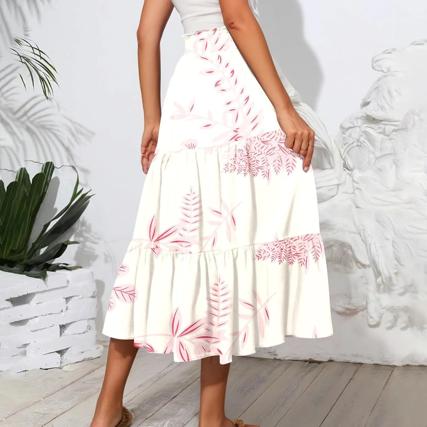 Midi Skirts for Women Elastic High Waisted Drawstring Tiered Skirt Floral Ruched Ruffle A Line Skirt with Pocket