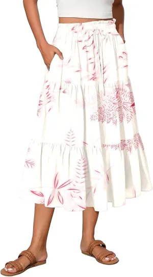 Midi Skirts for Women Elastic High Waisted Drawstring Tiered Skirt Floral Ruched Ruffle A Line Skirt with Pocket