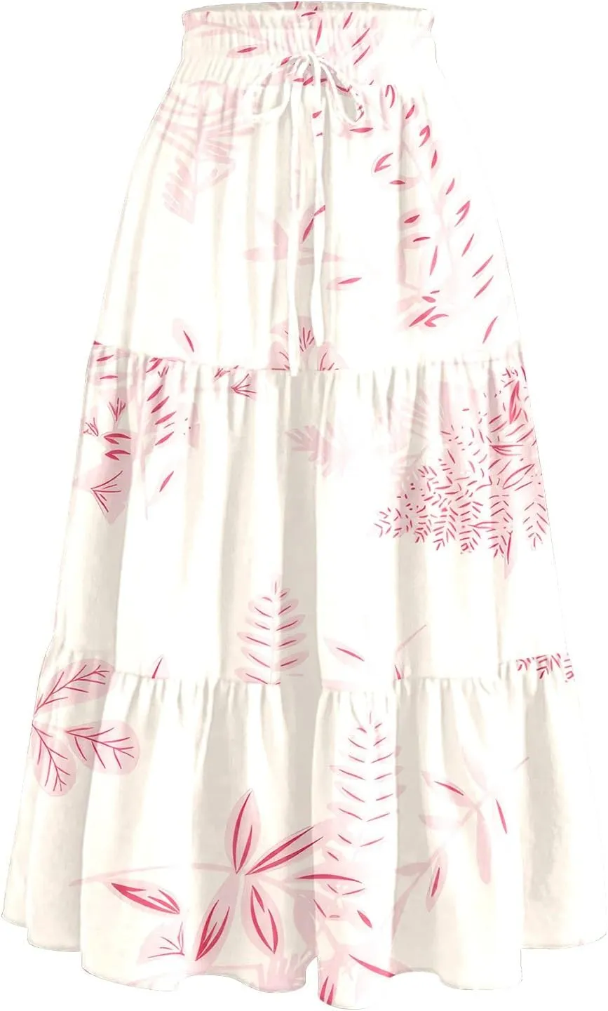 Midi Skirts for Women Elastic High Waisted Drawstring Tiered Skirt Floral Ruched Ruffle A Line Skirt with Pocket