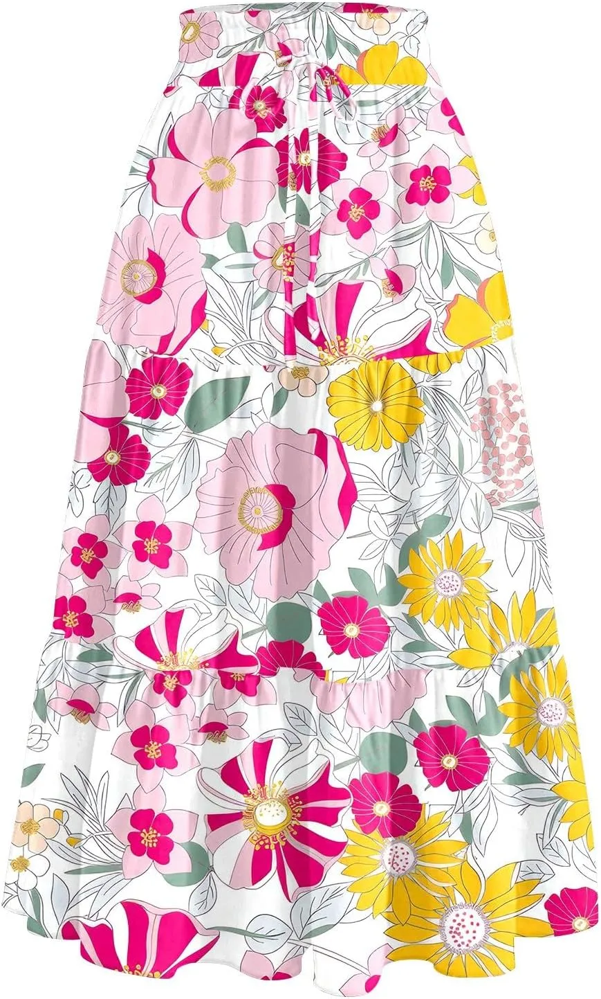 Midi Skirts for Women Elastic High Waisted Drawstring Tiered Skirt Floral Ruched Ruffle A Line Skirt with Pocket