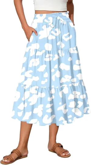Midi Skirts for Women Elastic High Waisted Drawstring Tiered Skirt Floral Ruched Ruffle A Line Skirt with Pocket