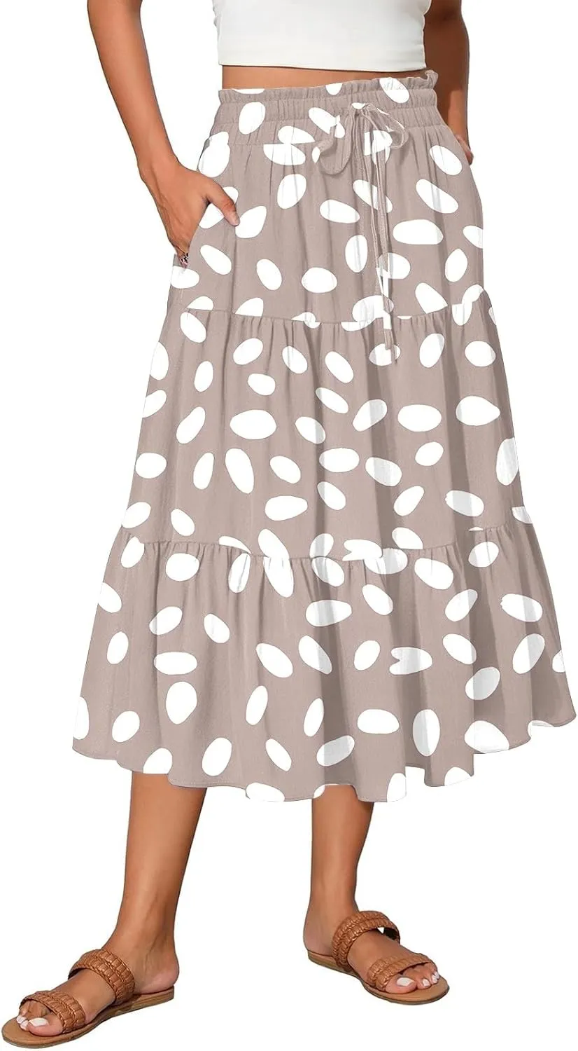 Midi Skirts for Women Elastic High Waisted Drawstring Tiered Skirt Floral Ruched Ruffle A Line Skirt with Pocket