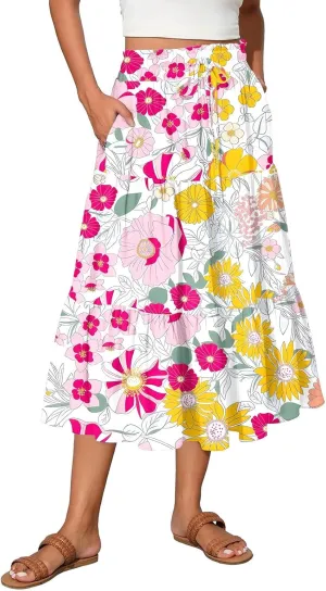 Midi Skirts for Women Elastic High Waisted Drawstring Tiered Skirt Floral Ruched Ruffle A Line Skirt with Pocket
