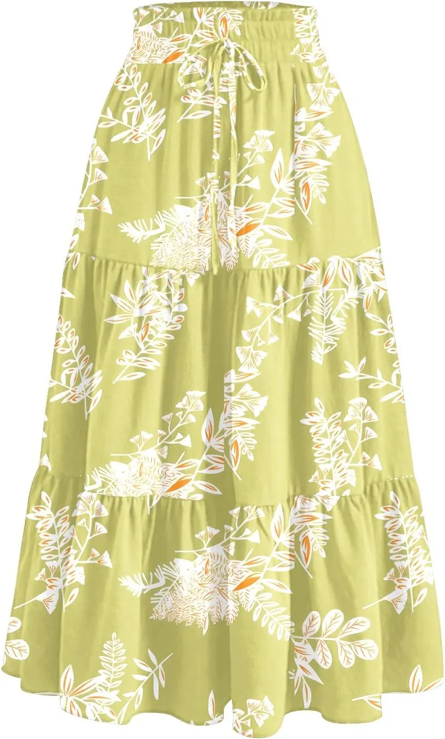 Midi Skirts for Women Elastic High Waisted Drawstring Tiered Skirt Floral Ruched Ruffle A Line Skirt with Pocket