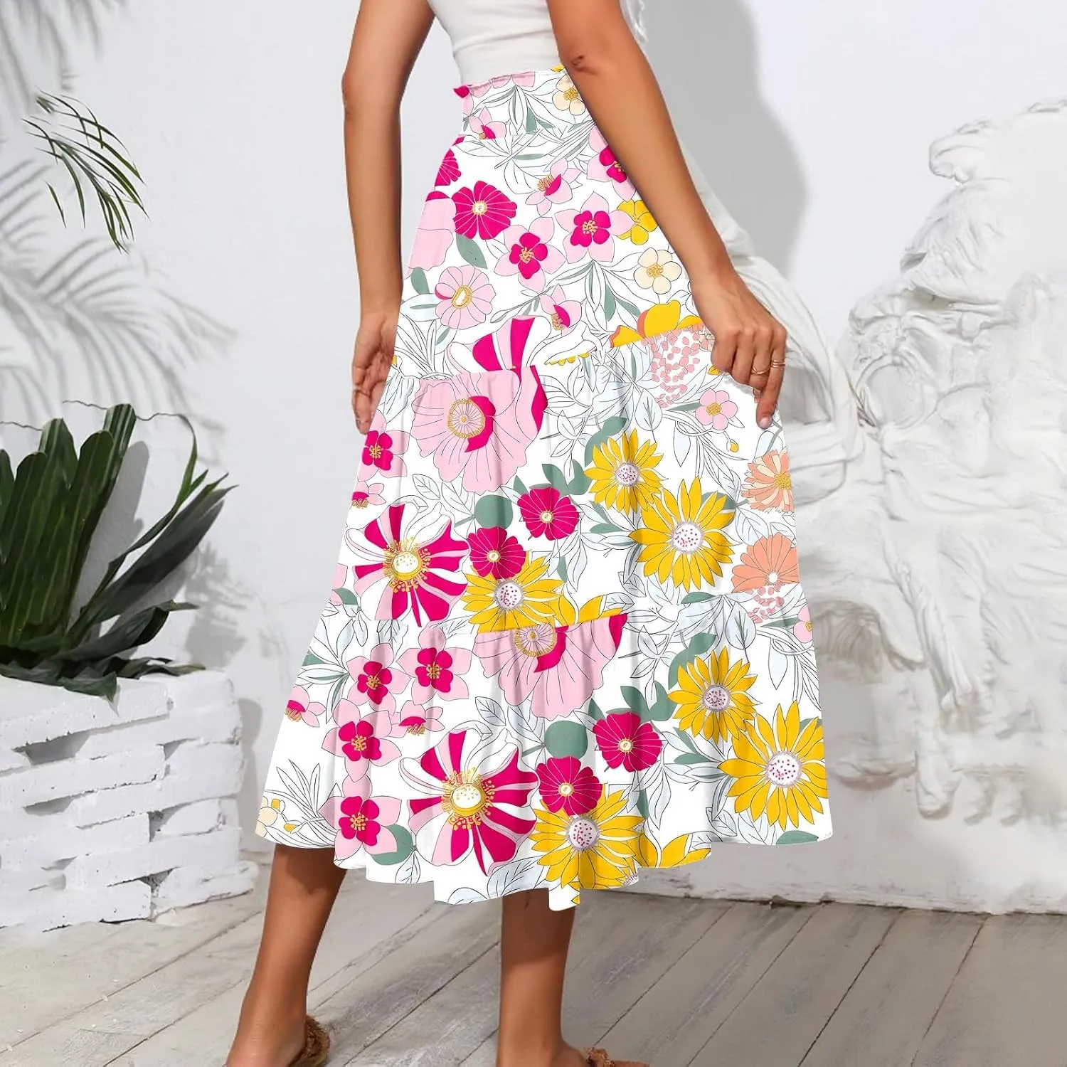 Midi Skirts for Women Elastic High Waisted Drawstring Tiered Skirt Floral Ruched Ruffle A Line Skirt with Pocket