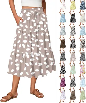 Midi Skirts for Women Elastic High Waisted Drawstring Tiered Skirt Floral Ruched Ruffle A Line Skirt with Pocket