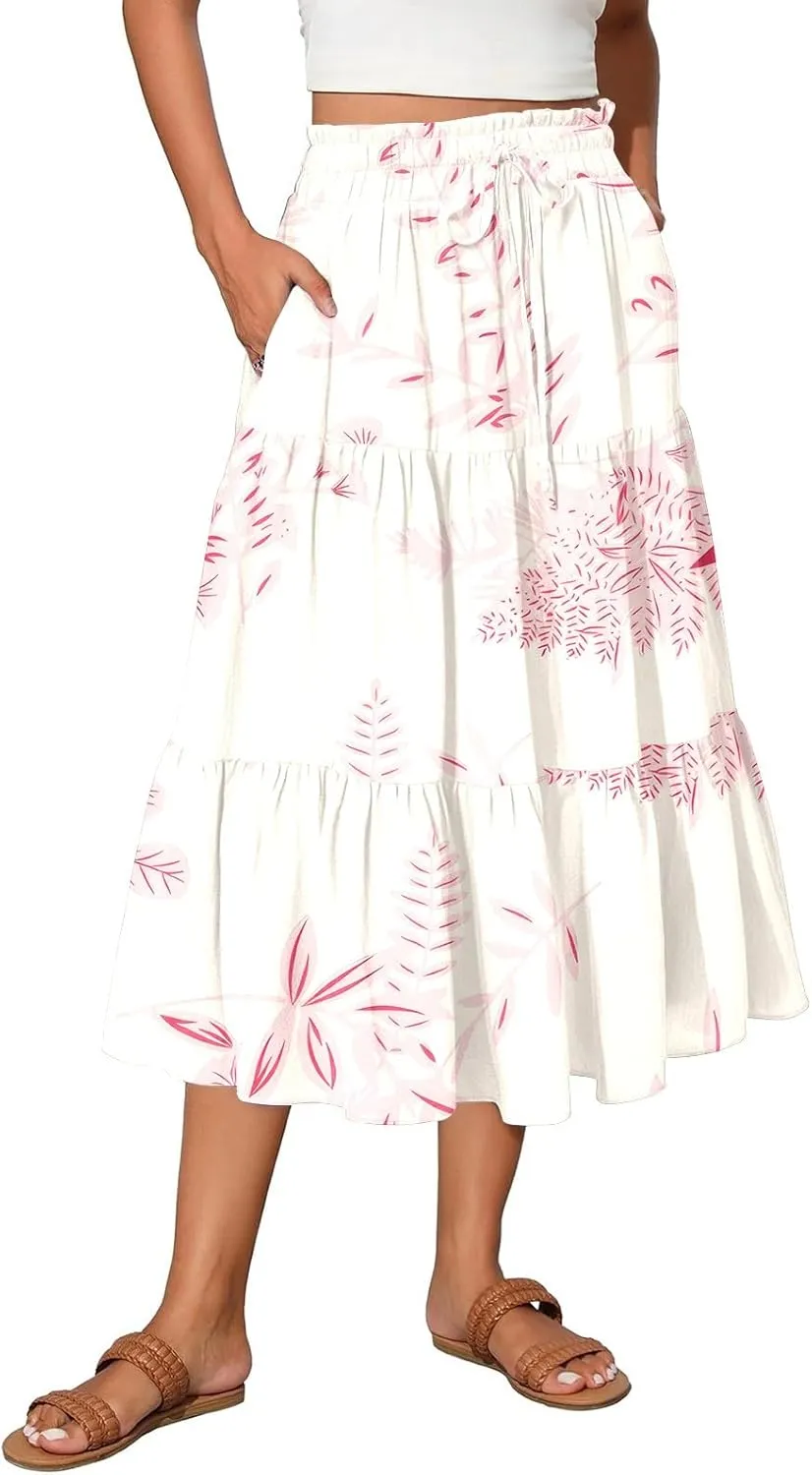 Midi Skirts for Women Elastic High Waisted Drawstring Tiered Skirt Floral Ruched Ruffle A Line Skirt with Pocket