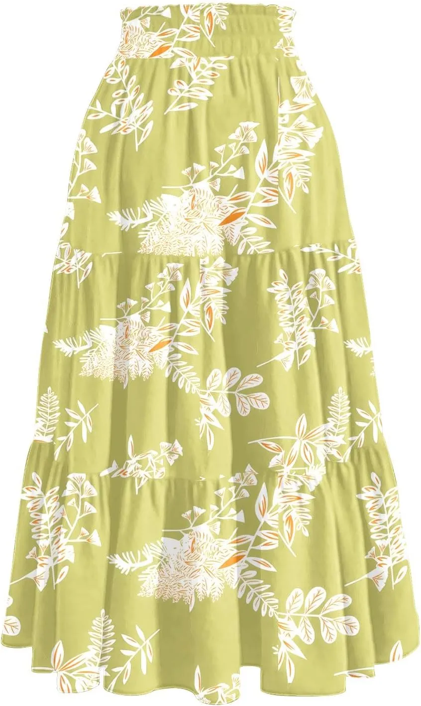 Midi Skirts for Women Elastic High Waisted Drawstring Tiered Skirt Floral Ruched Ruffle A Line Skirt with Pocket