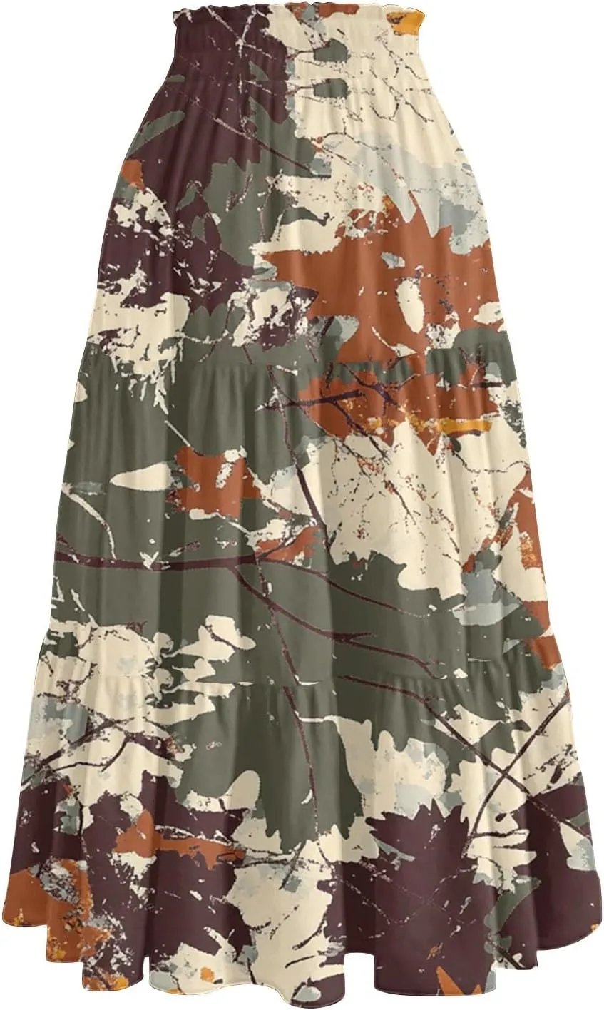 Midi Summer Skirts for Women Drawstring High Waist Knee Length Skirts A Line Floral Print Work Skirt with Pockets
