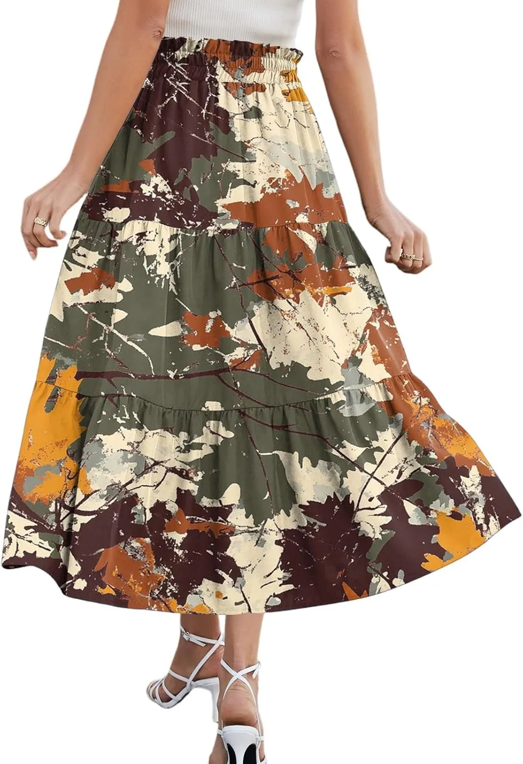 Midi Summer Skirts for Women Drawstring High Waist Knee Length Skirts A Line Floral Print Work Skirt with Pockets