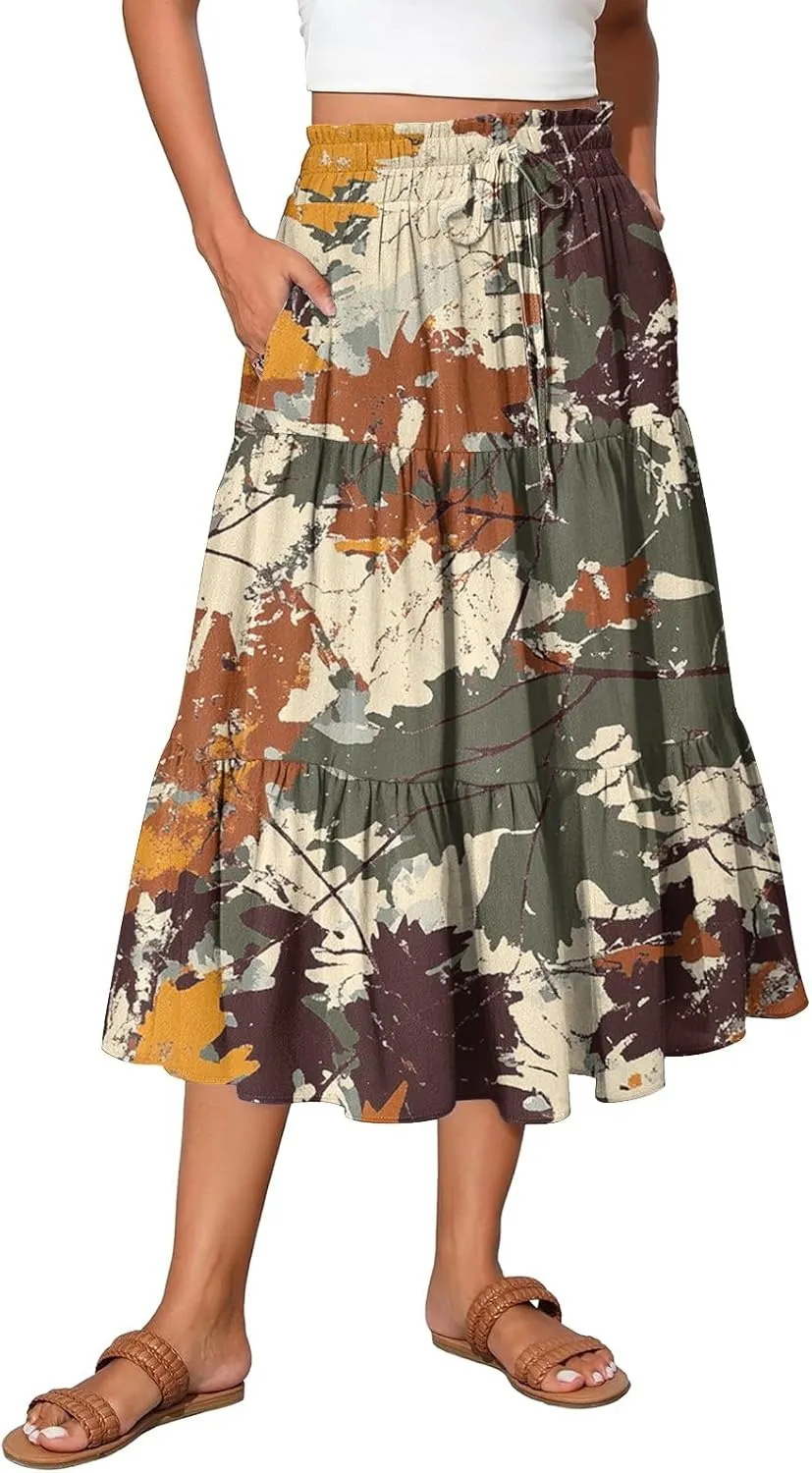 Midi Summer Skirts for Women Drawstring High Waist Knee Length Skirts A Line Floral Print Work Skirt with Pockets