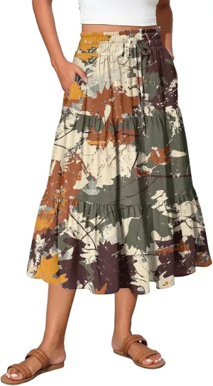 Midi Summer Skirts for Women Drawstring High Waist Knee Length Skirts A Line Floral Print Work Skirt with Pockets