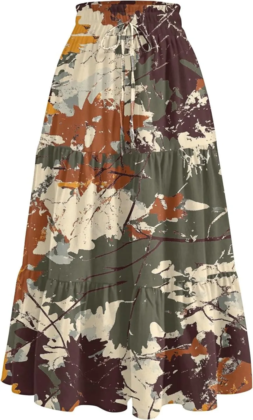 Midi Summer Skirts for Women Drawstring High Waist Knee Length Skirts A Line Floral Print Work Skirt with Pockets