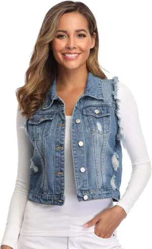 MISS MOLY Women's Denim Distressed Classic Vest Cotton