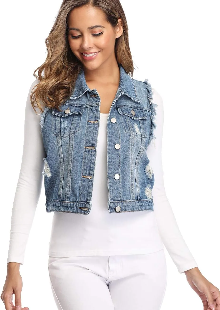 MISS MOLY Women's Denim Distressed Classic Vest Cotton