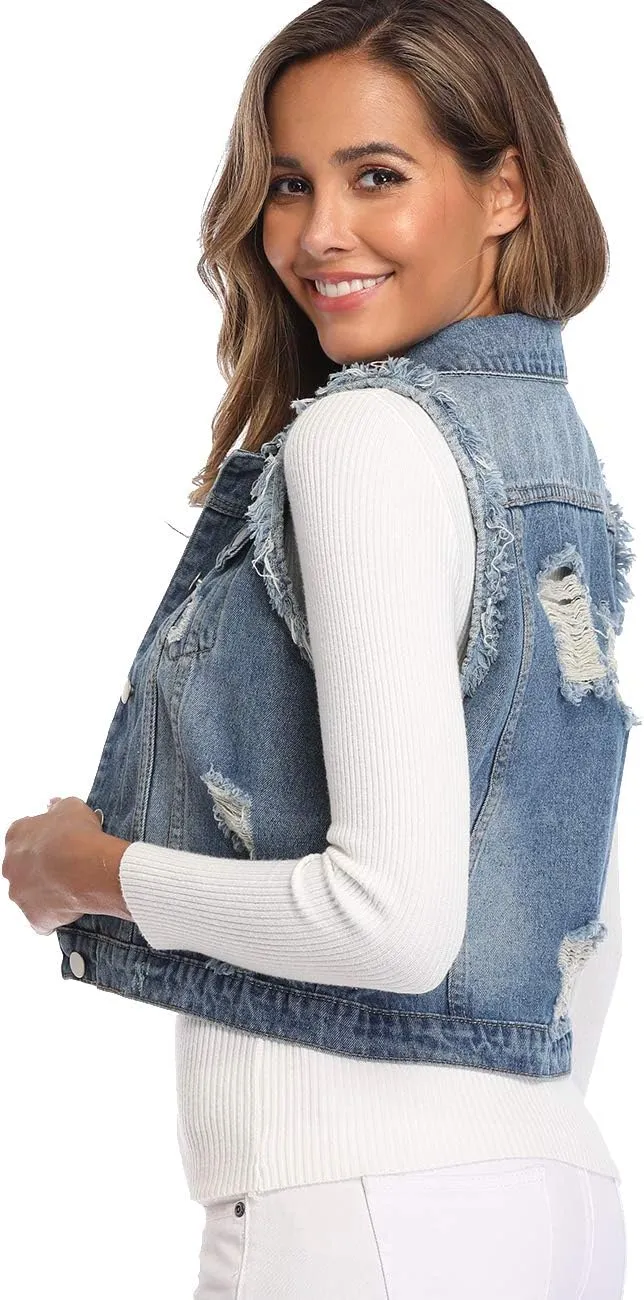 MISS MOLY Women's Denim Distressed Classic Vest Cotton