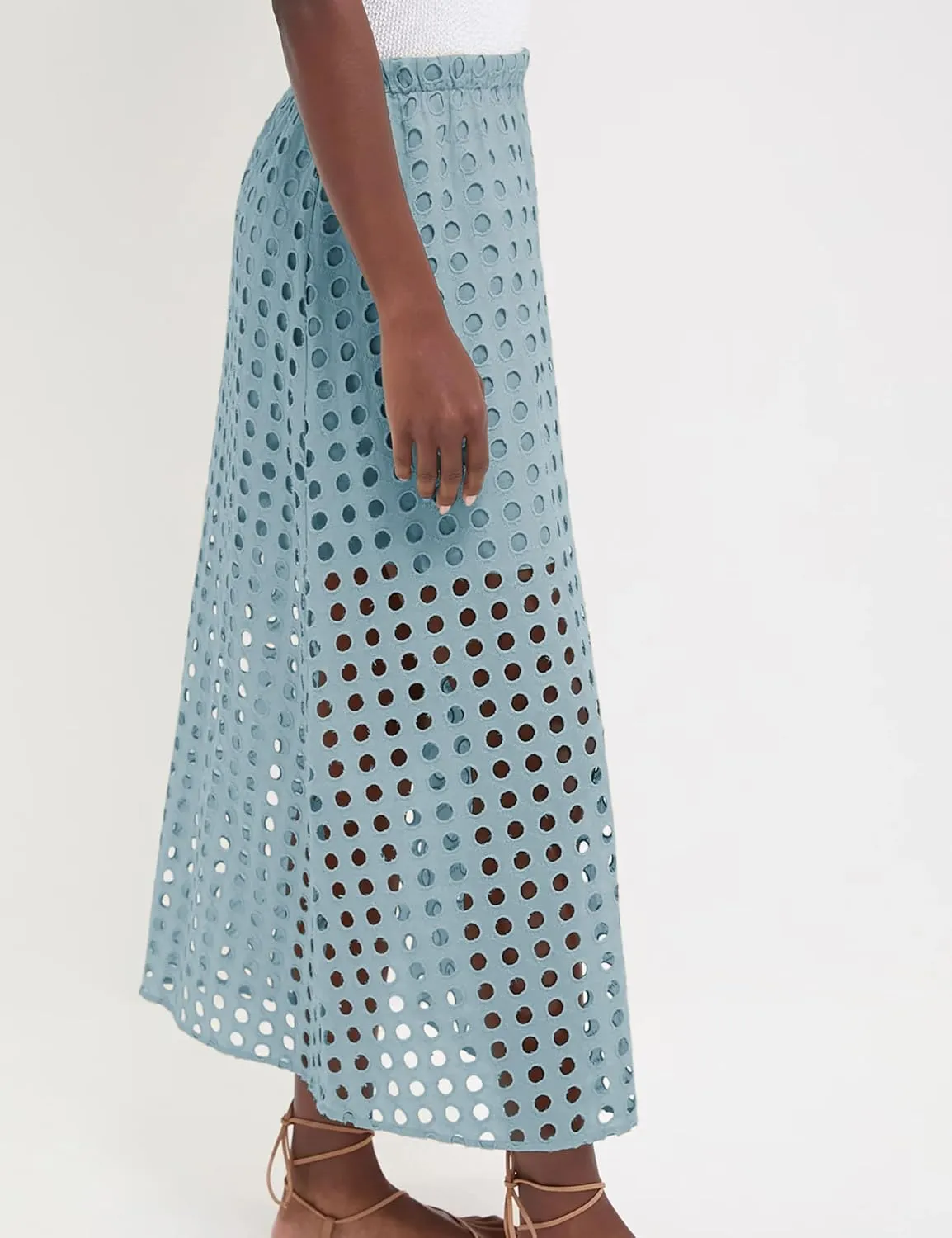 MISSACTIVER Summer Eyelet Maxi Skirt for Women Solid Hollow Out Beach Skirt High Elastic Waist Long Skirts with Underneath