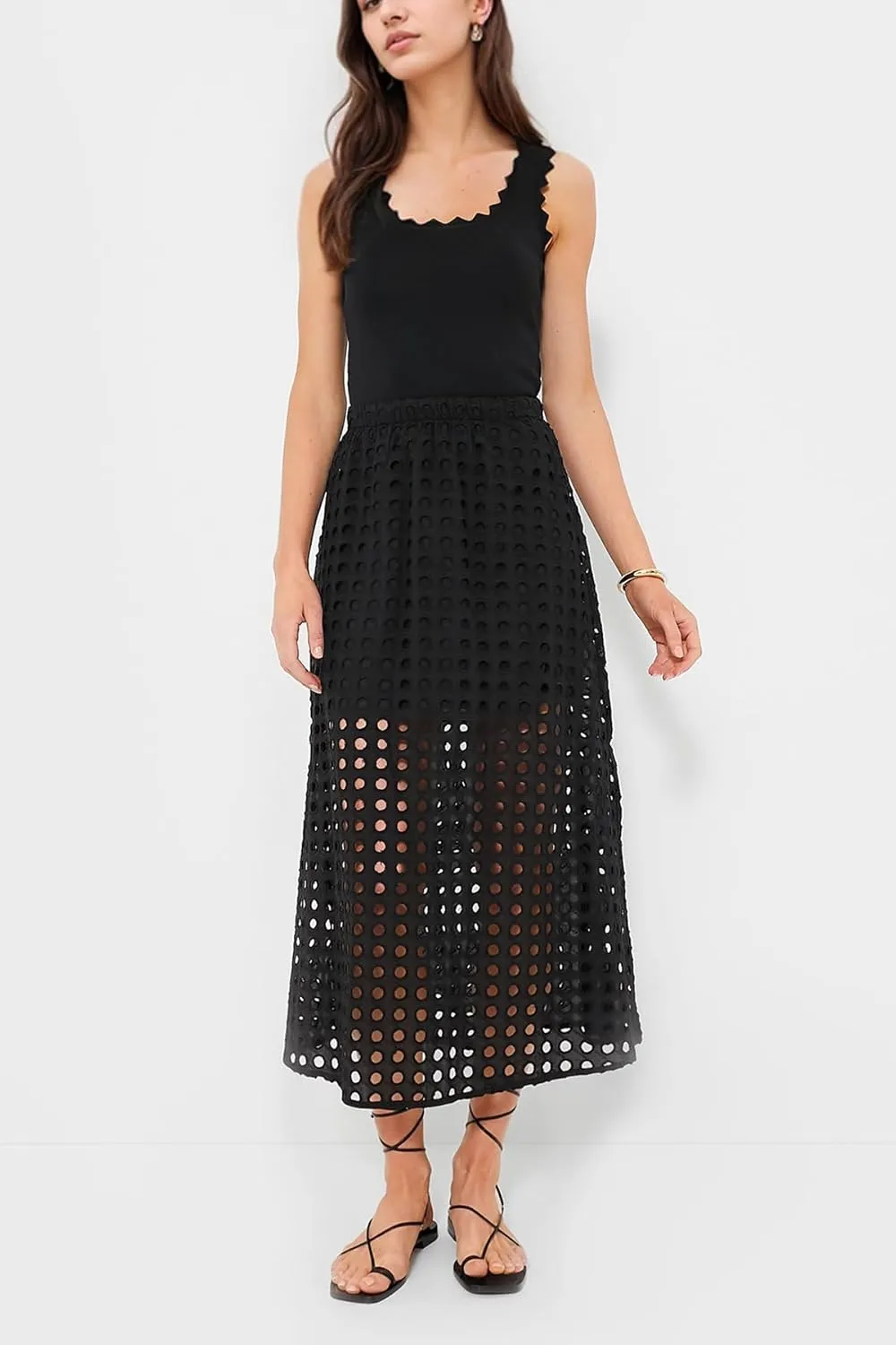 MISSACTIVER Summer Eyelet Maxi Skirt for Women Solid Hollow Out Beach Skirt High Elastic Waist Long Skirts with Underneath