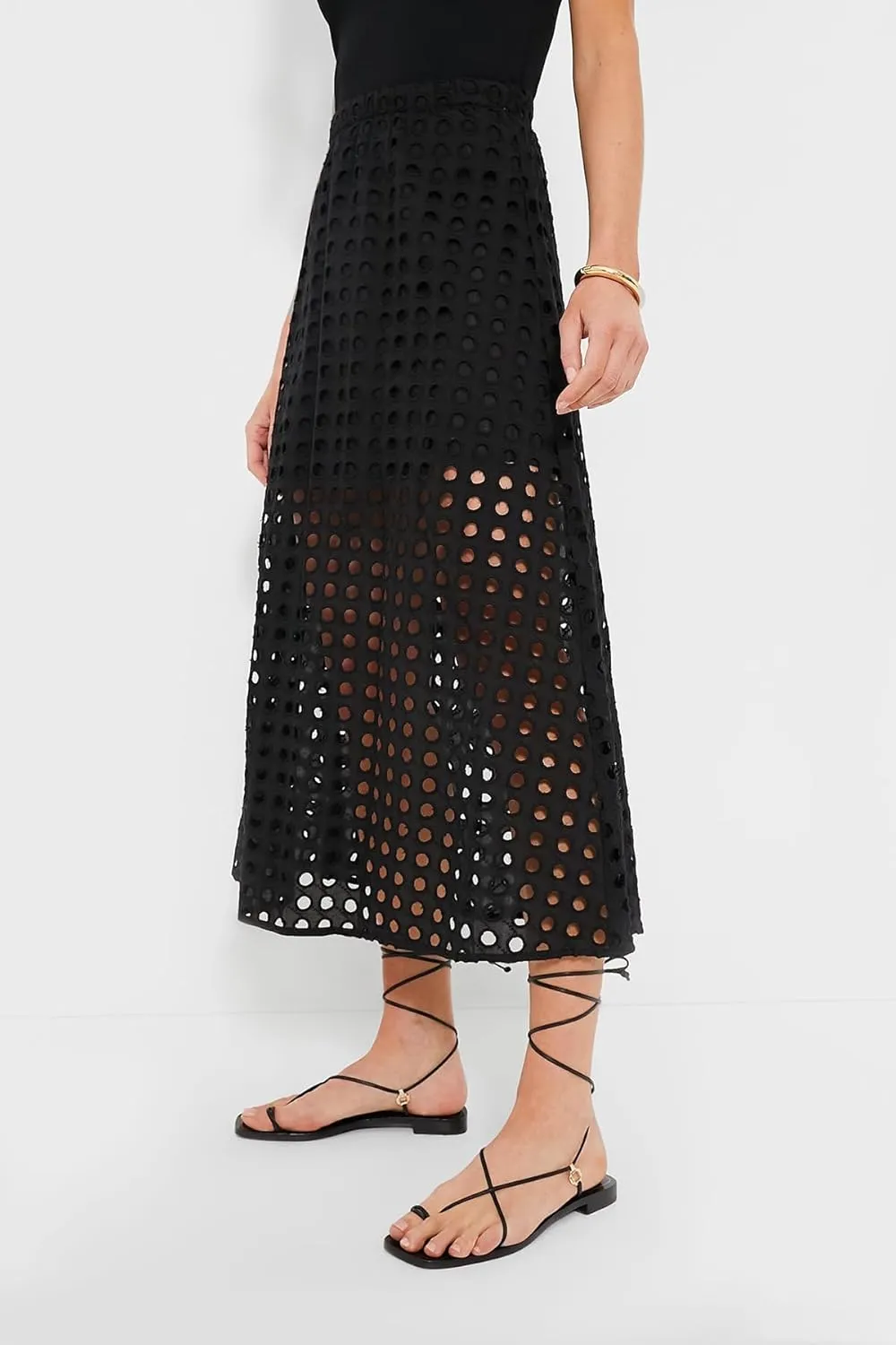 MISSACTIVER Summer Eyelet Maxi Skirt for Women Solid Hollow Out Beach Skirt High Elastic Waist Long Skirts with Underneath