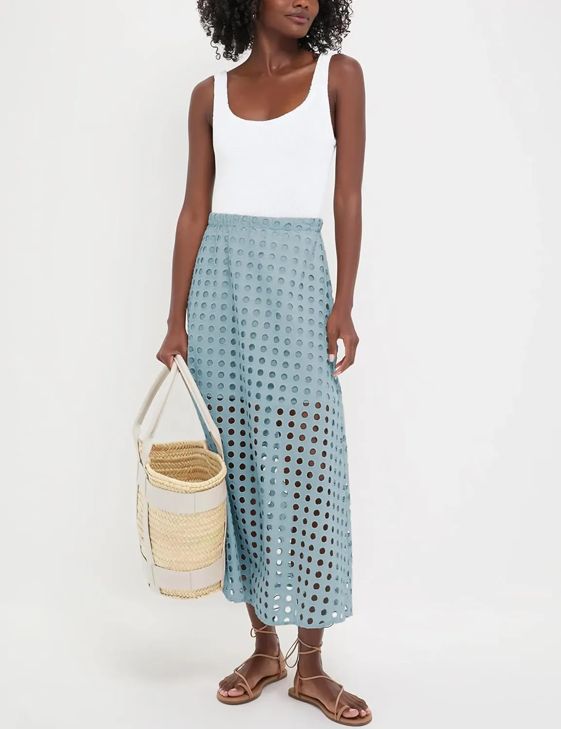 MISSACTIVER Summer Eyelet Maxi Skirt for Women Solid Hollow Out Beach Skirt High Elastic Waist Long Skirts with Underneath