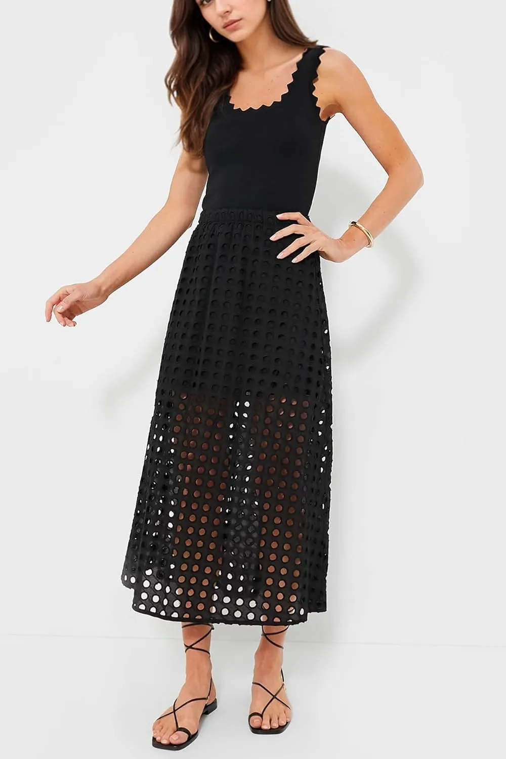 MISSACTIVER Summer Eyelet Maxi Skirt for Women Solid Hollow Out Beach Skirt High Elastic Waist Long Skirts with Underneath