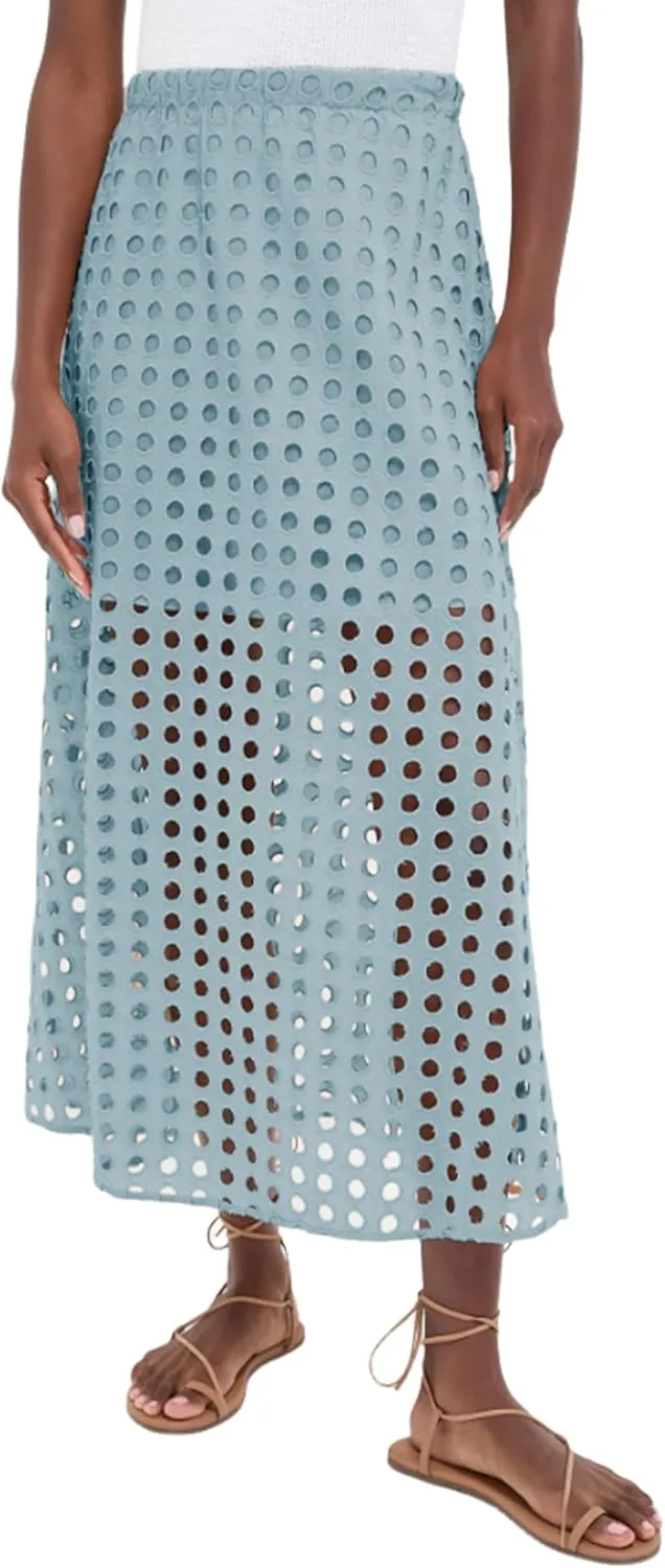 MISSACTIVER Summer Eyelet Maxi Skirt for Women Solid Hollow Out Beach Skirt High Elastic Waist Long Skirts with Underneath
