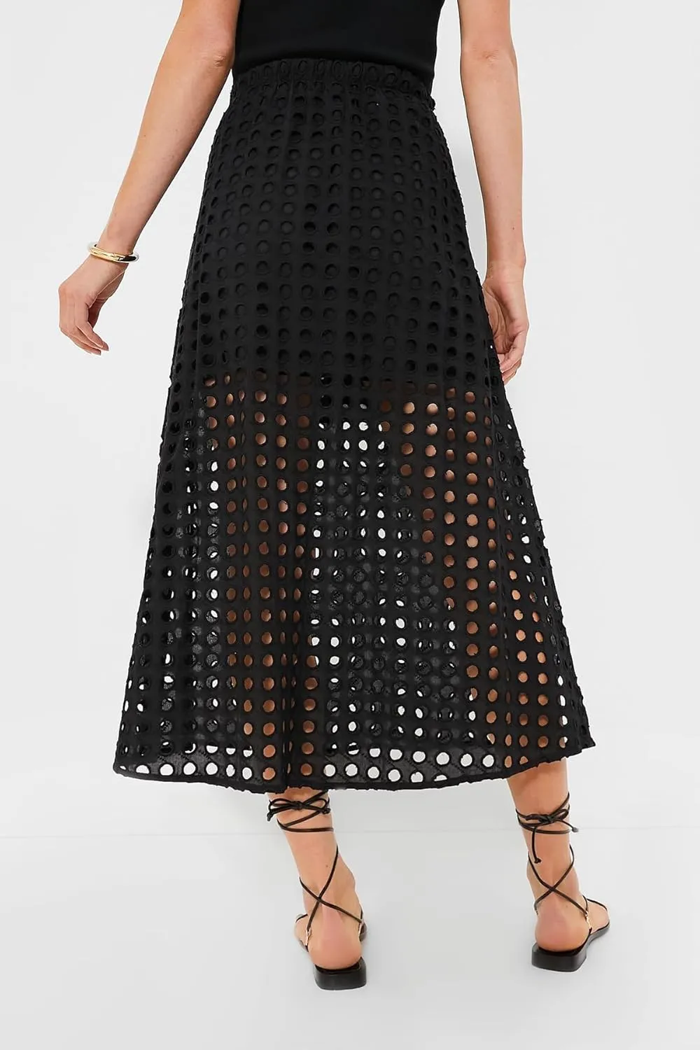 MISSACTIVER Summer Eyelet Maxi Skirt for Women Solid Hollow Out Beach Skirt High Elastic Waist Long Skirts with Underneath