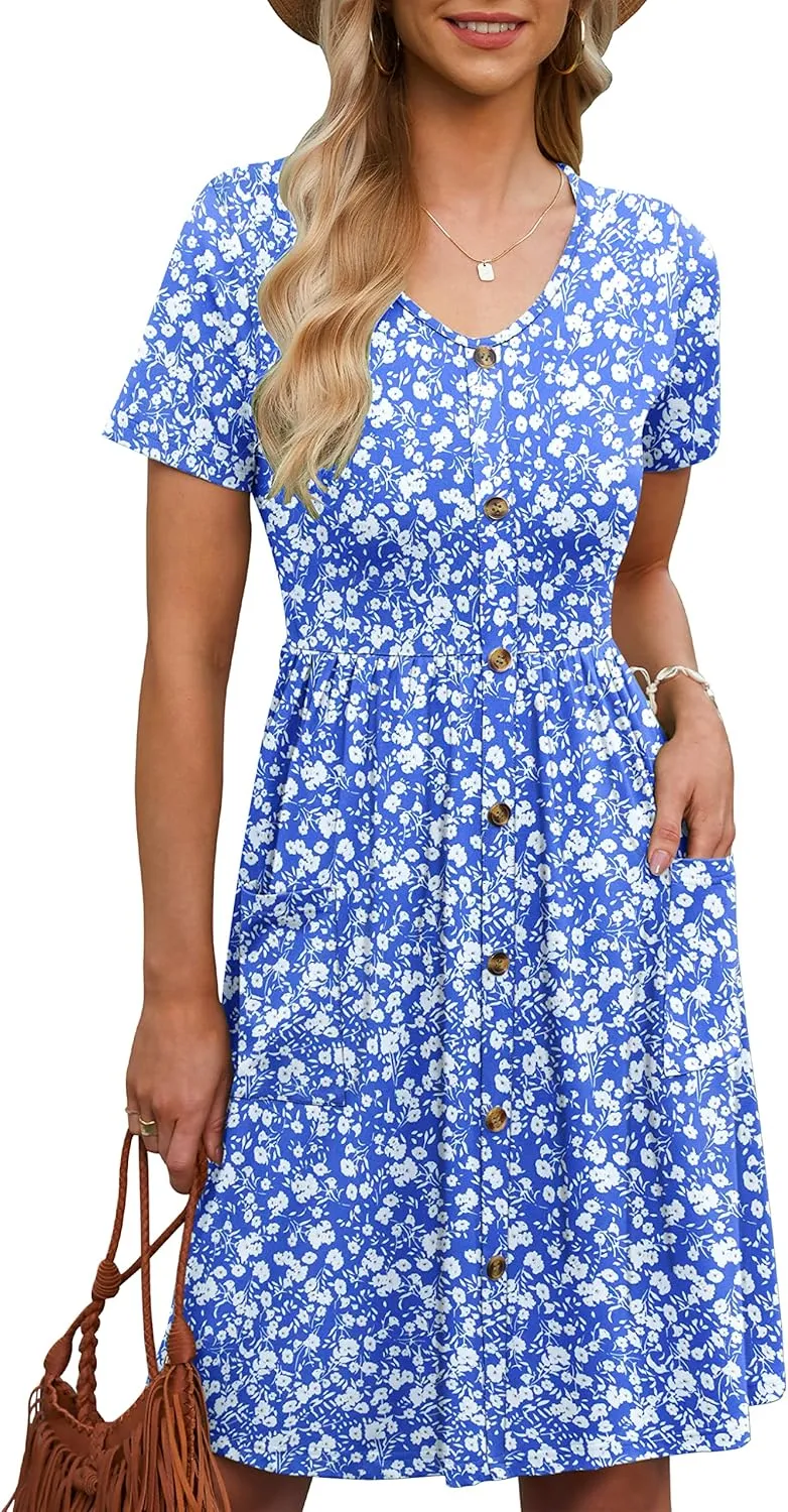 MOLERANI Women Summer Casual Short Sleeve V Neck Dresses Button Down Sundress Beach Vacation with Pockets Travel Outfits