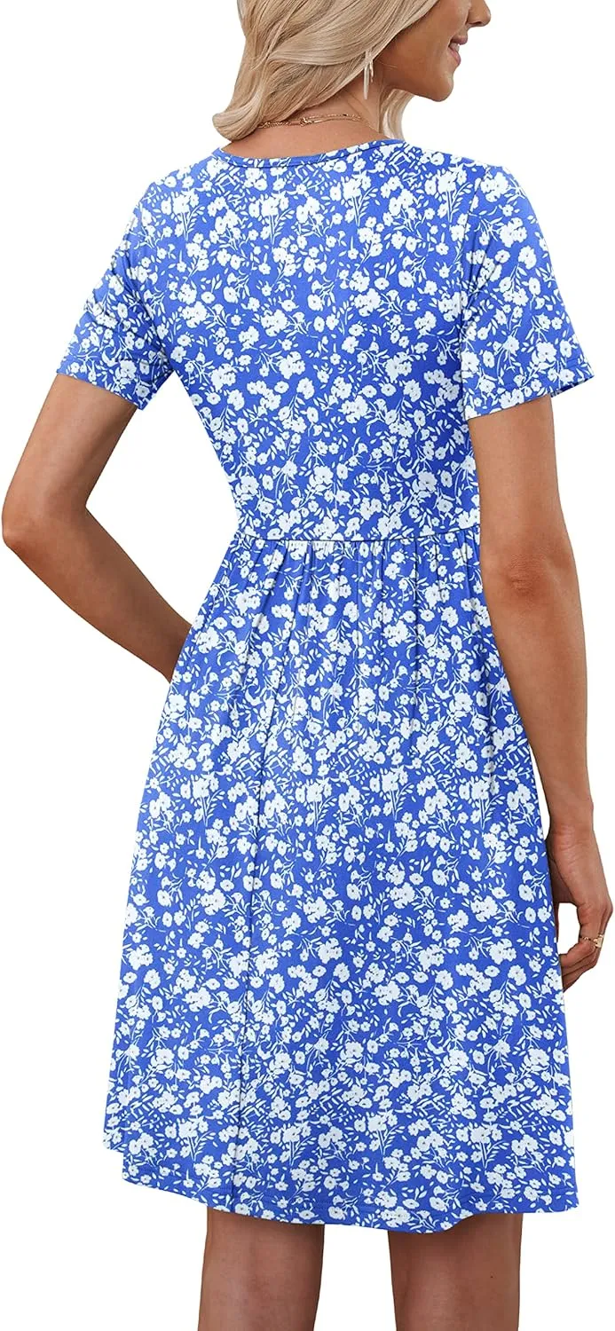 MOLERANI Women Summer Casual Short Sleeve V Neck Dresses Button Down Sundress Beach Vacation with Pockets Travel Outfits