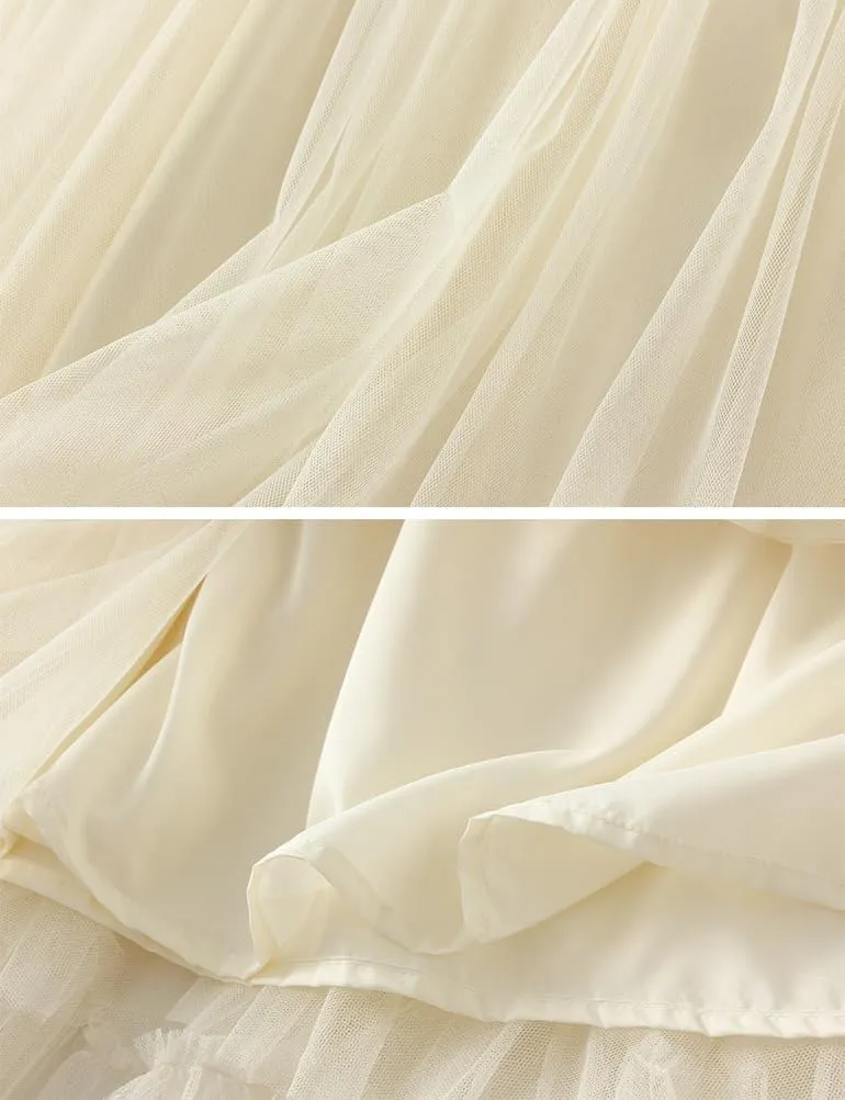 Mujer Layered Tulle Skirt for Women A Line High Waisted Midi Skirt Trendy Fluffy Fairy Ruffle Pleated Tutu Long Skirt Falda de tul