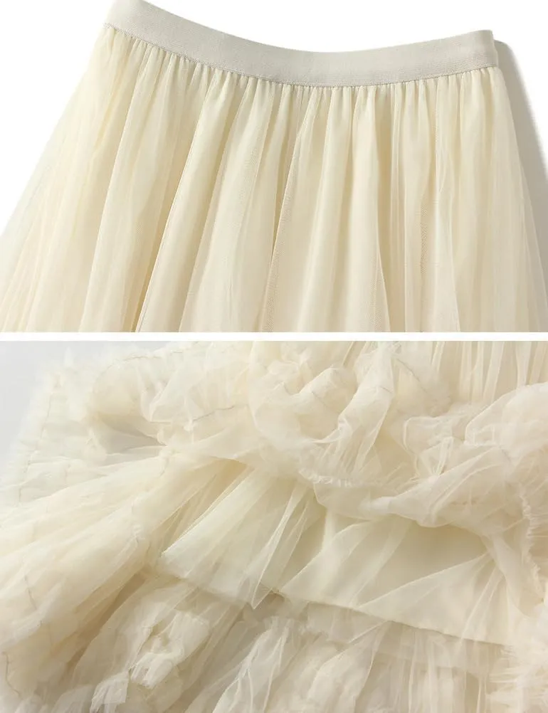 Mujer Layered Tulle Skirt for Women A Line High Waisted Midi Skirt Trendy Fluffy Fairy Ruffle Pleated Tutu Long Skirt Falda de tul