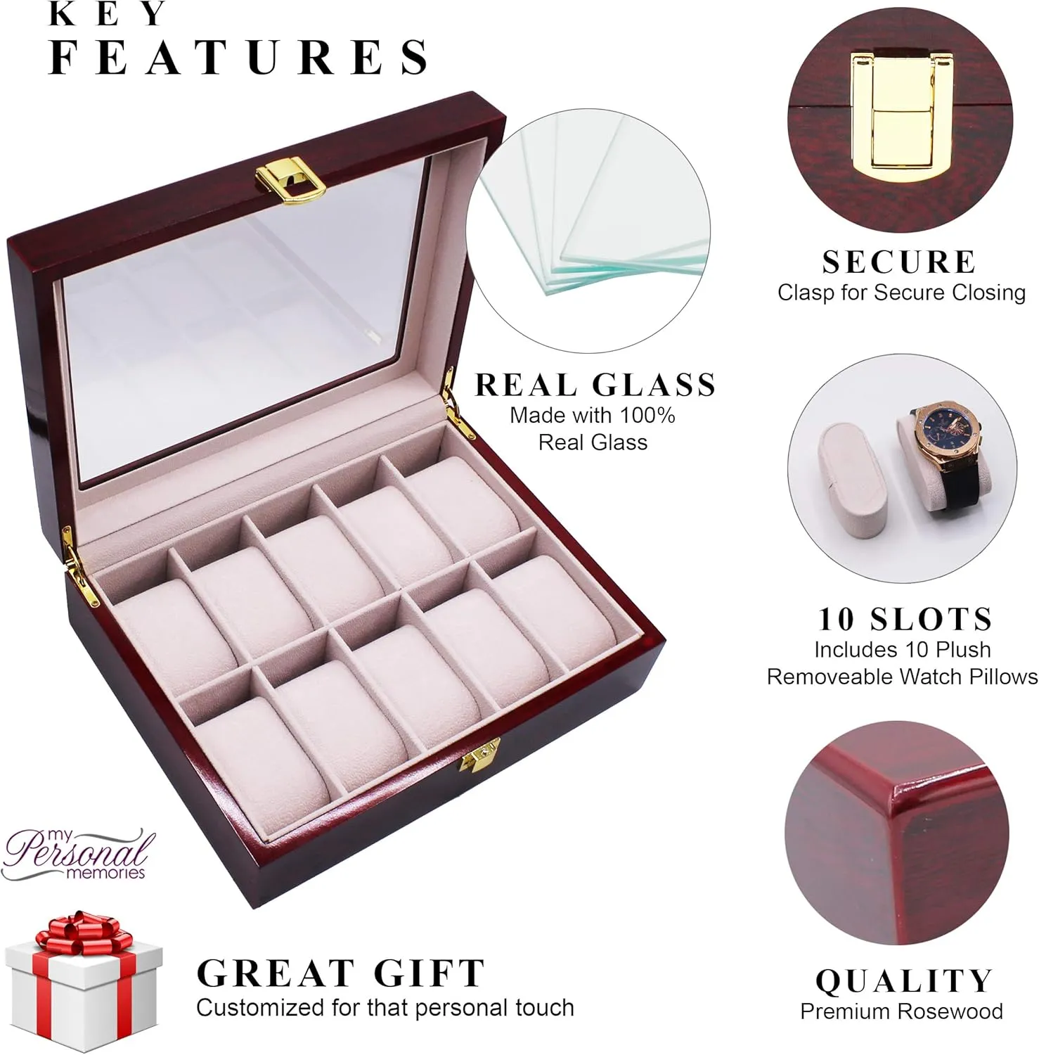 My Personal Memories Custom Personalized Watch Storage Box Glass Display Case for Men, Him, Husband - Engraved and Monogrammed (Premium Rosewood)