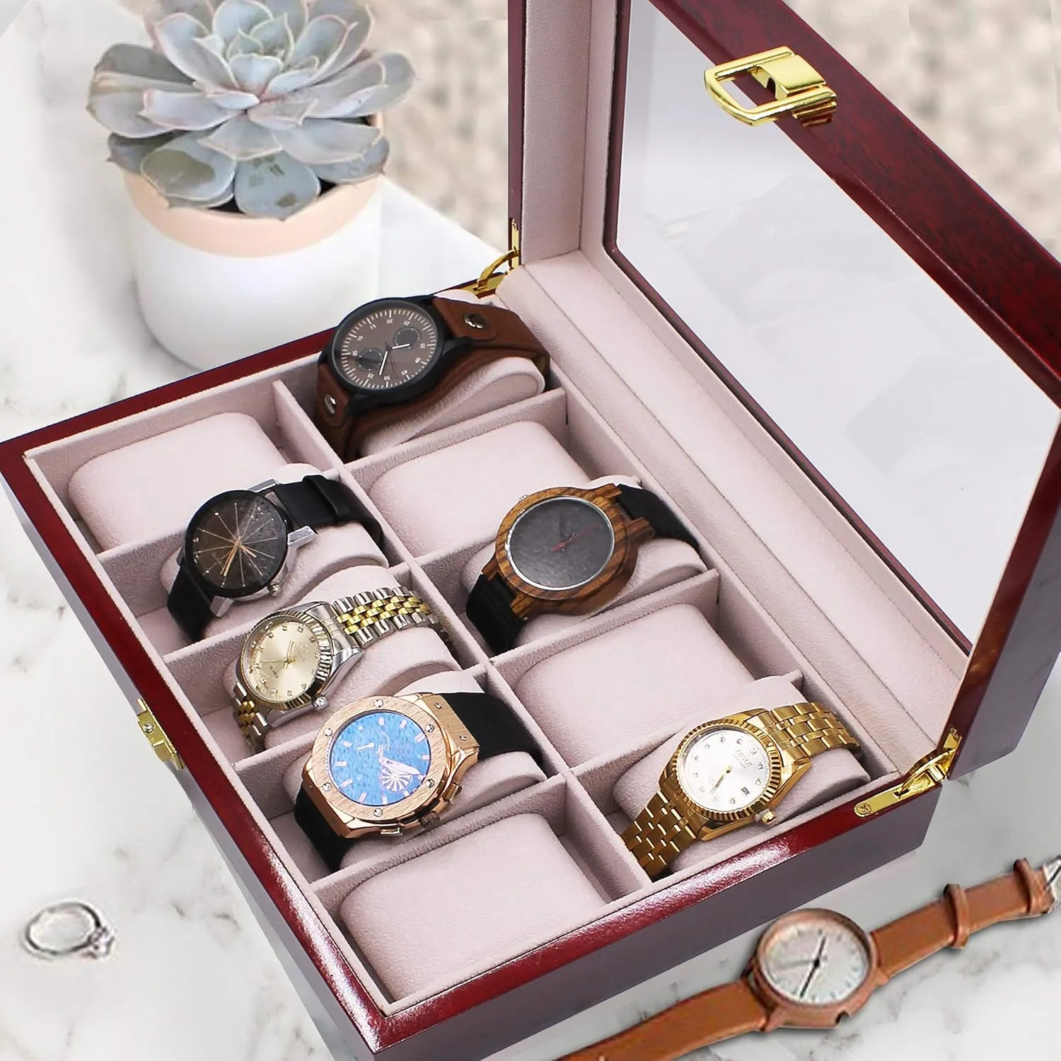 My Personal Memories Custom Personalized Watch Storage Box Glass Display Case for Men, Him, Husband - Engraved and Monogrammed (Premium Rosewood)