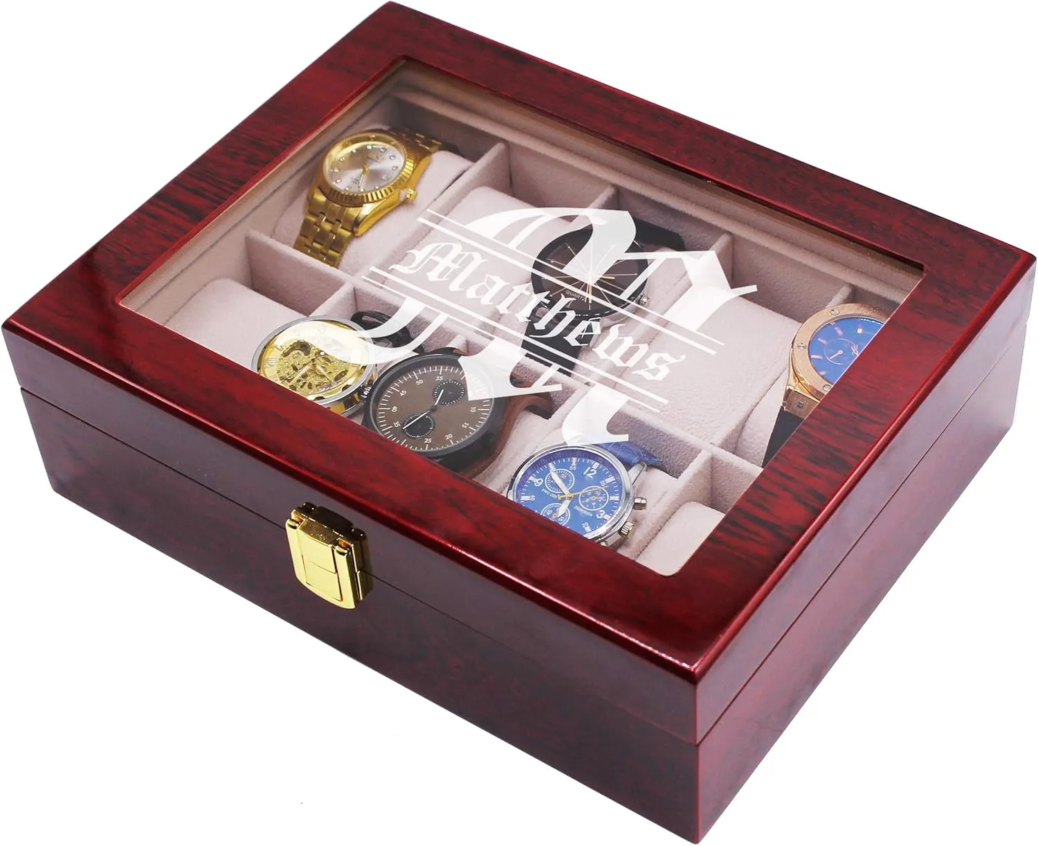 My Personal Memories Custom Personalized Watch Storage Box Glass Display Case for Men, Him, Husband - Engraved and Monogrammed (Premium Rosewood)