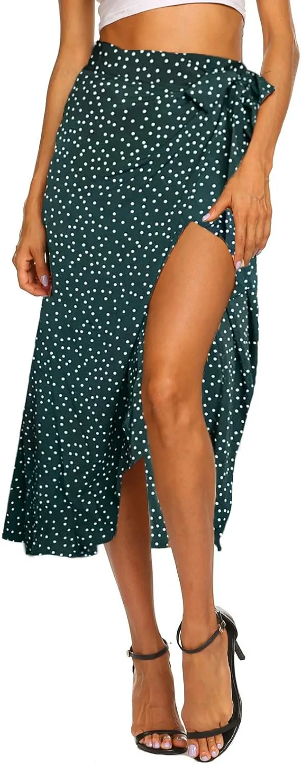 Newchoice Women's Boho Leopard Skirt High Low Split Summer Beach Midi Wrap Skirts