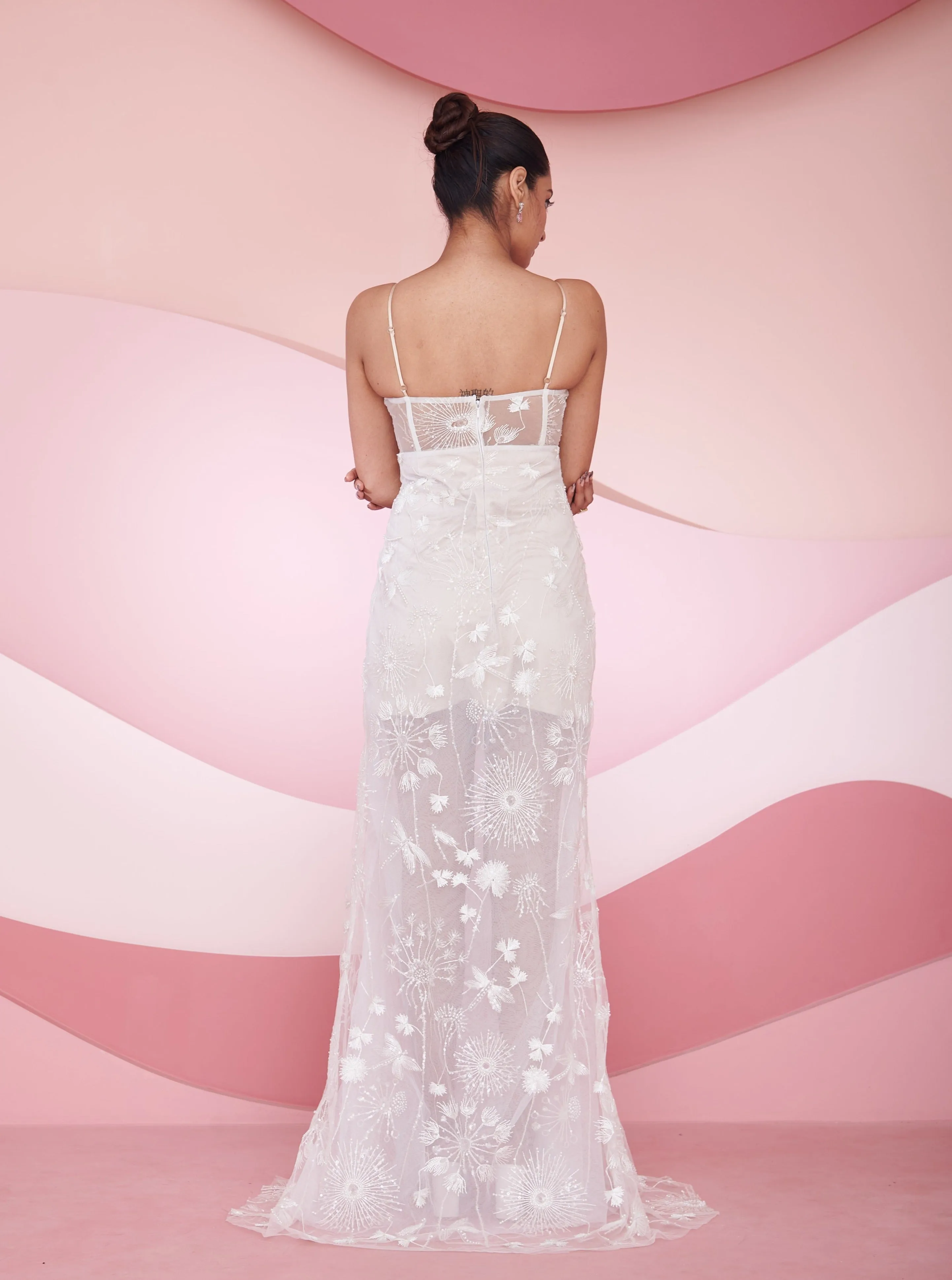 Nira White Embroidered Slit Corset gown
