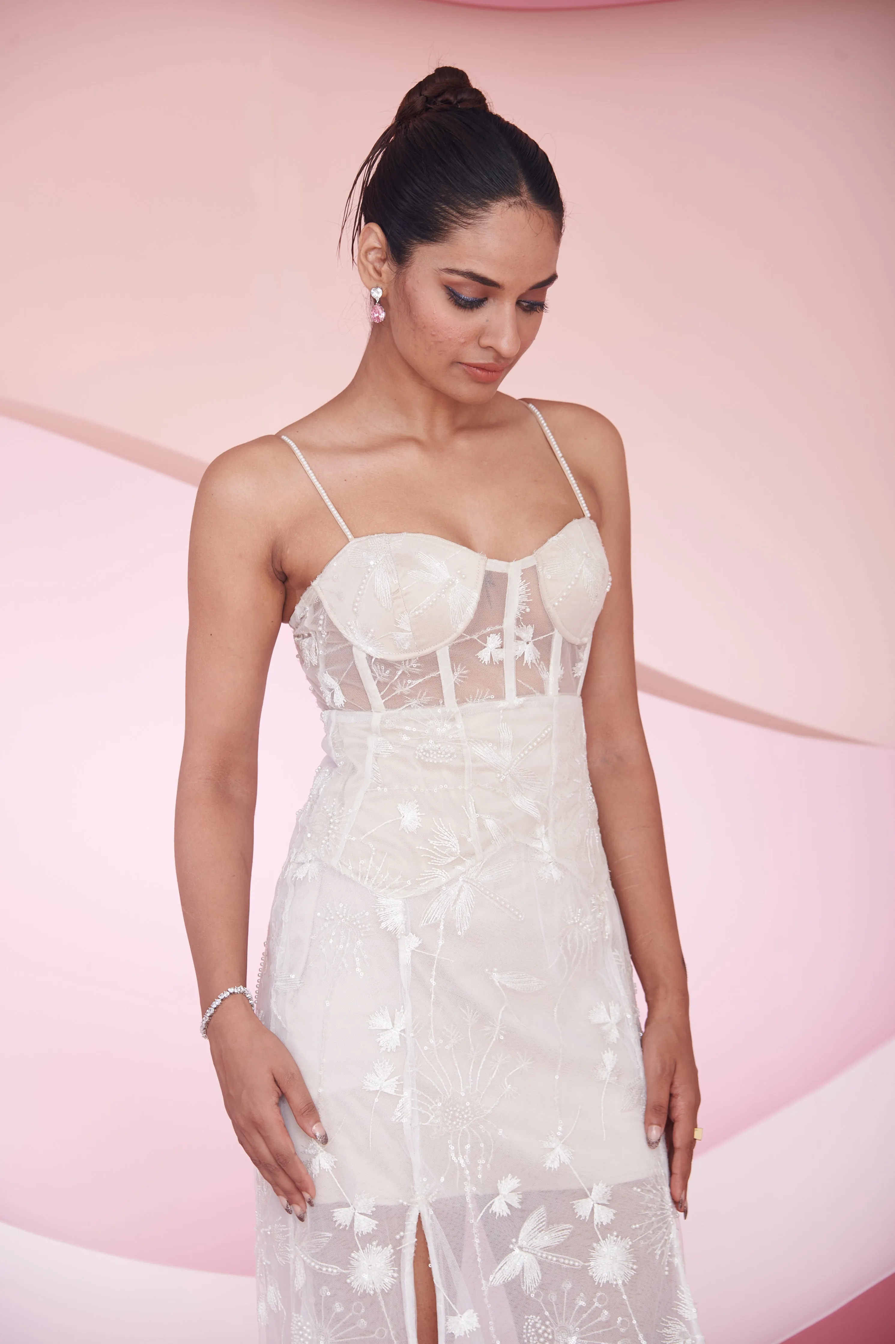 Nira White Embroidered Slit Corset gown