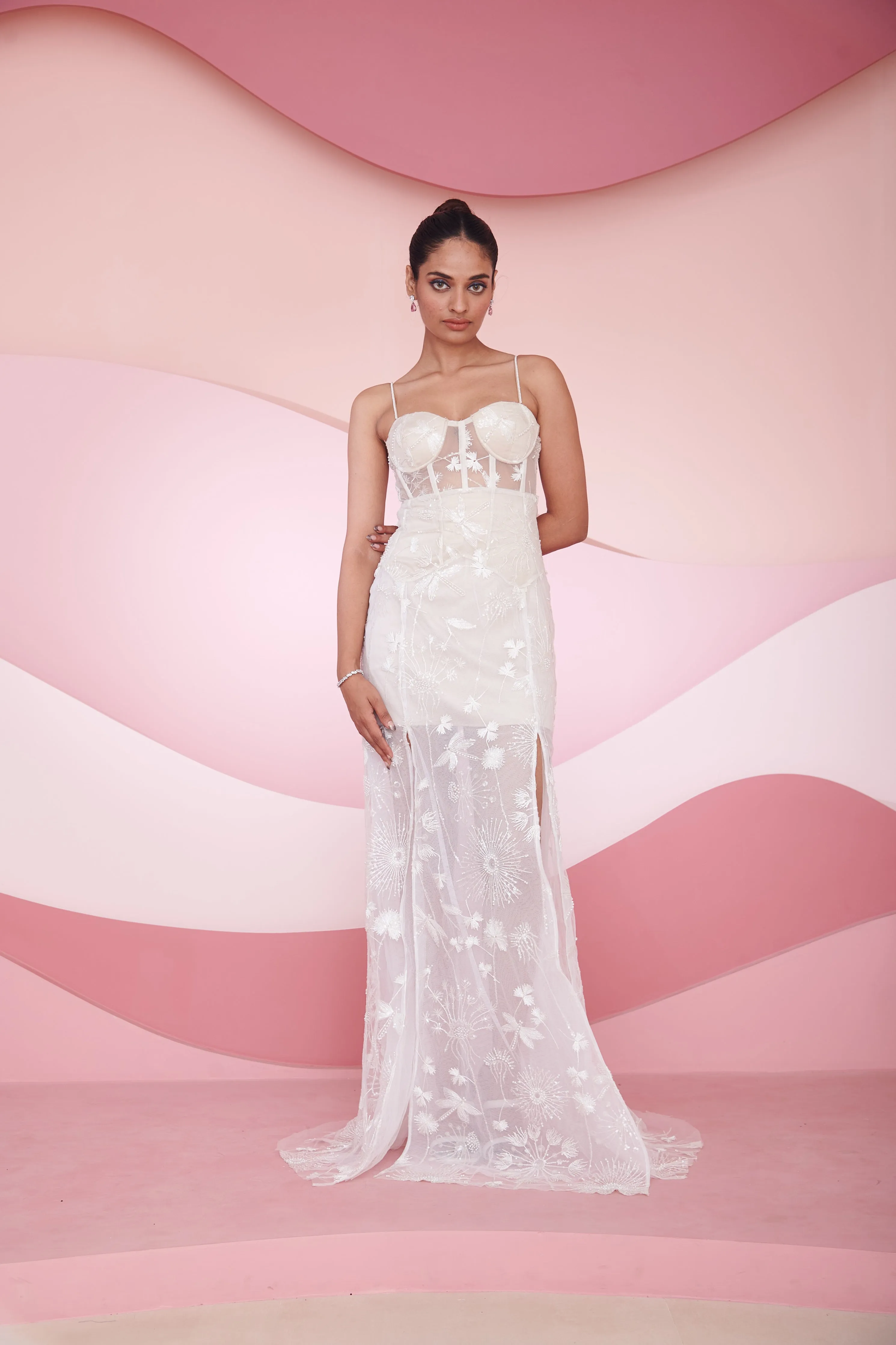 Nira White Embroidered Slit Corset gown