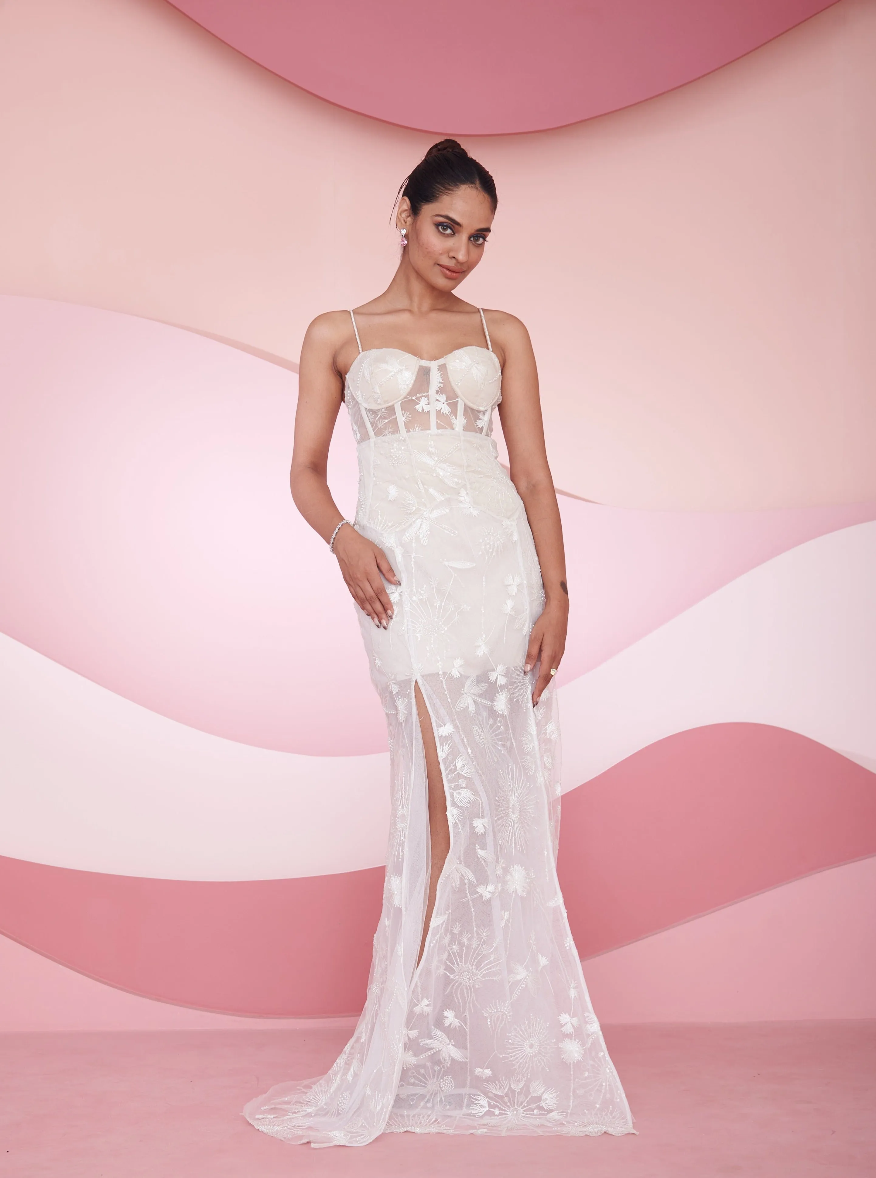 Nira White Embroidered Slit Corset gown