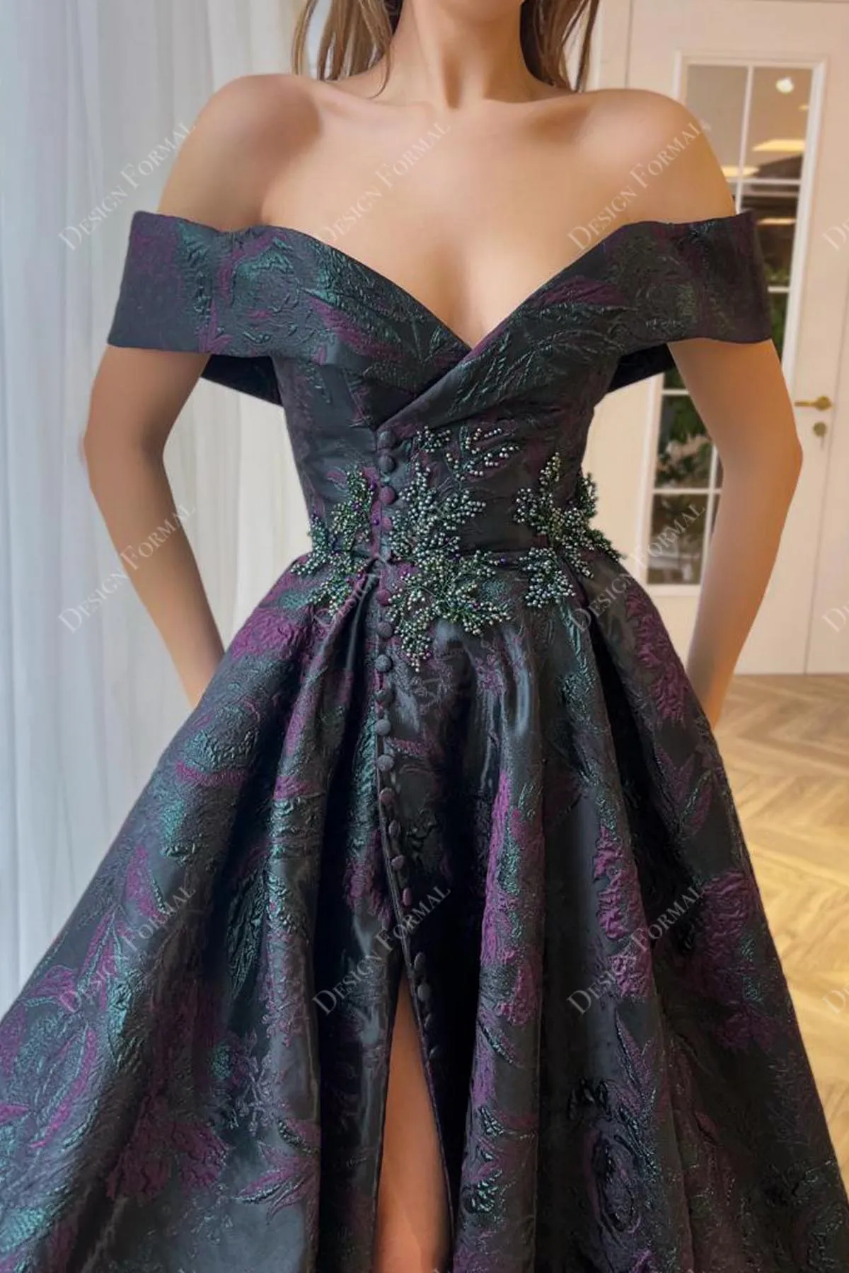 Off Shoulder V-neck Custom Jacquard Slit A-line Dress