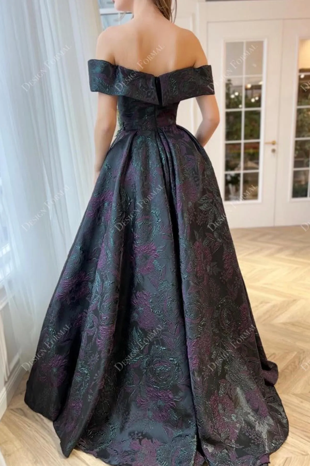 Off Shoulder V-neck Custom Jacquard Slit A-line Dress
