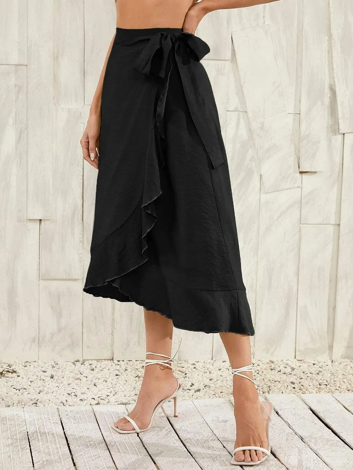 Panegy Ruffle High Low Waist Flowy A Line Boho Skirt for Women Solid Color Floral Print Skirts