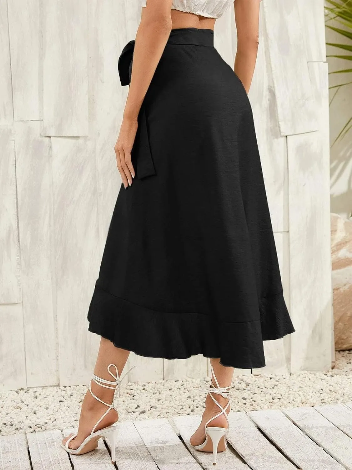 Panegy Ruffle High Low Waist Flowy A Line Boho Skirt for Women Solid Color Floral Print Skirts