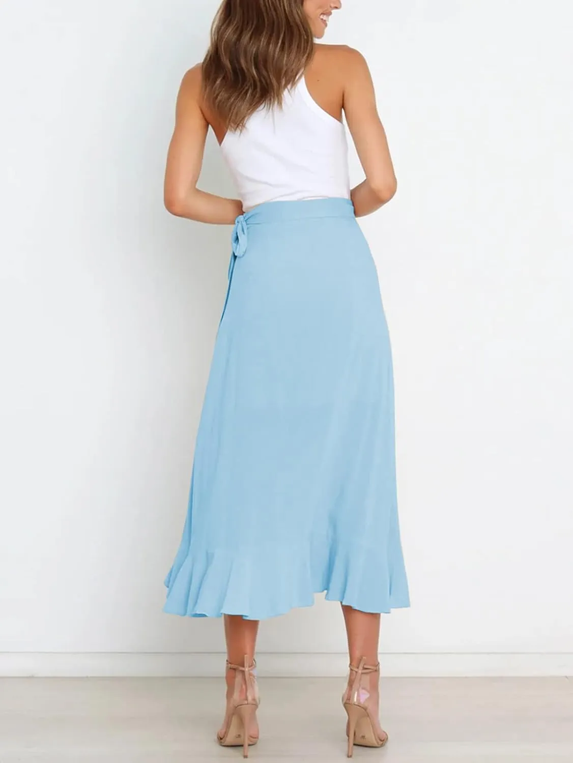 Panegy Ruffle High Low Waist Flowy A Line Boho Skirt for Women Solid Color Floral Print Skirts