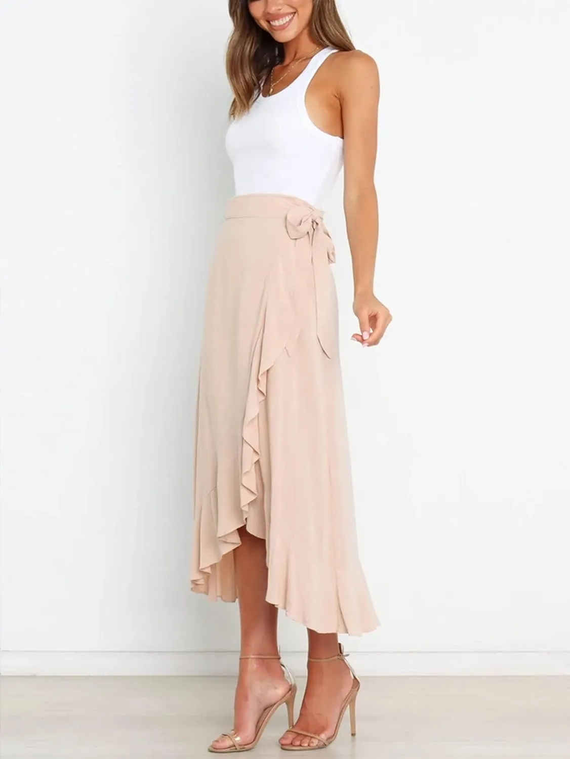 Panegy Ruffle High Low Waist Flowy A Line Boho Skirt for Women Solid Color Floral Print Skirts