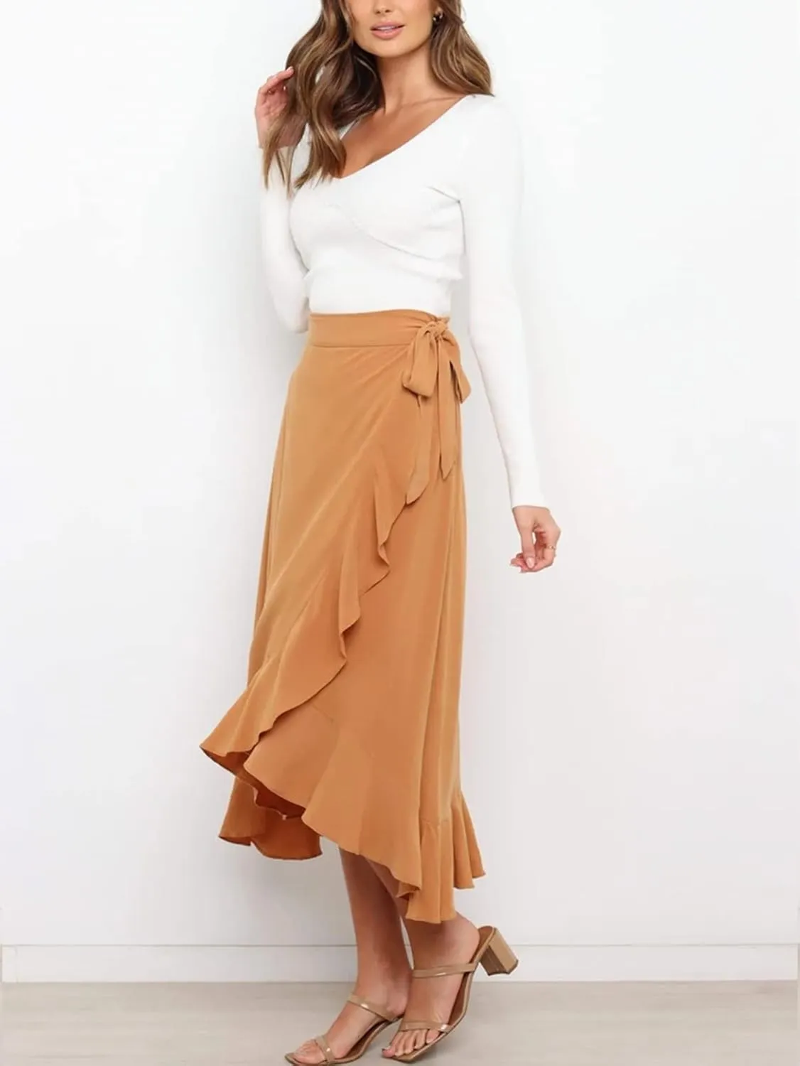 Panegy Ruffle High Low Waist Flowy A Line Boho Skirt for Women Solid Color Floral Print Skirts