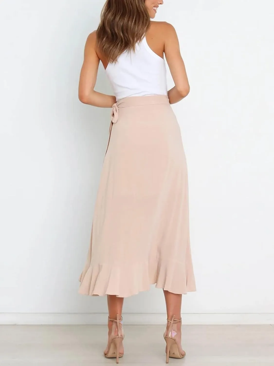 Panegy Ruffle High Low Waist Flowy A Line Boho Skirt for Women Solid Color Floral Print Skirts