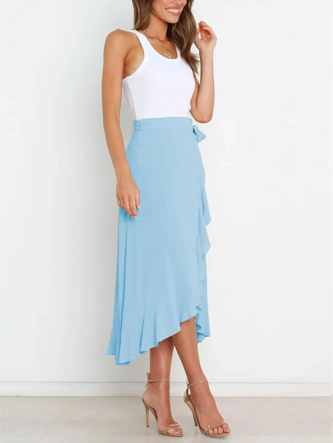 Panegy Ruffle High Low Waist Flowy A Line Boho Skirt for Women Solid Color Floral Print Skirts
