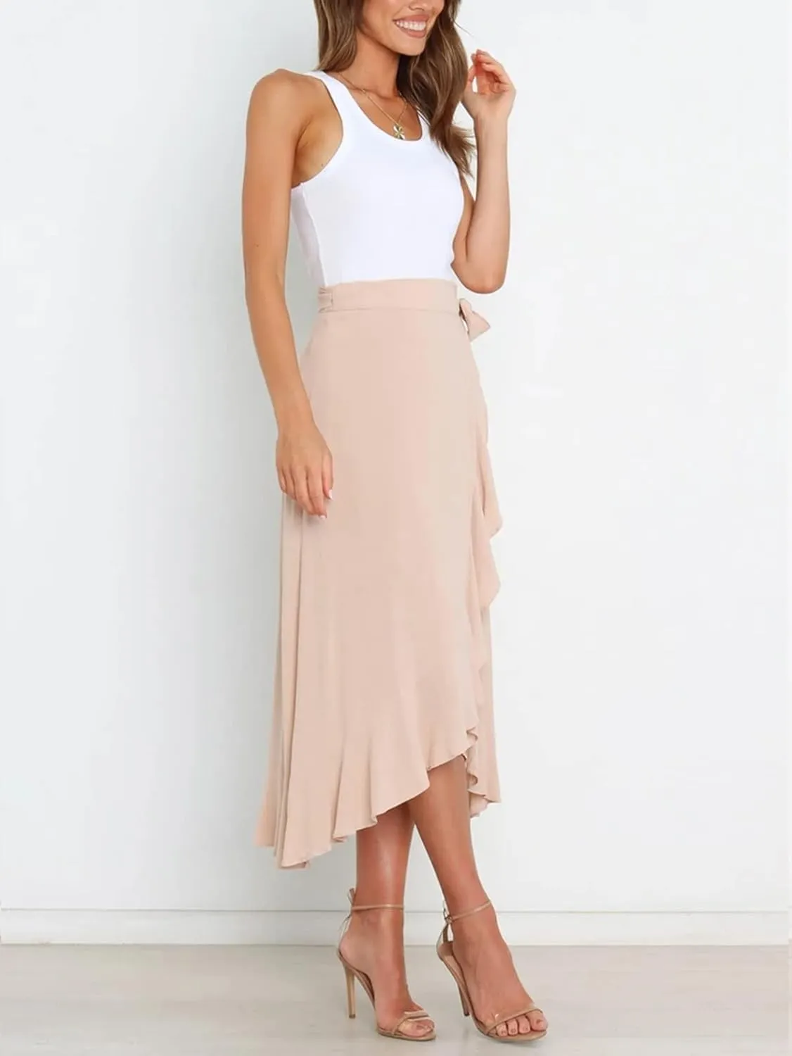 Panegy Ruffle High Low Waist Flowy A Line Boho Skirt for Women Solid Color Floral Print Skirts